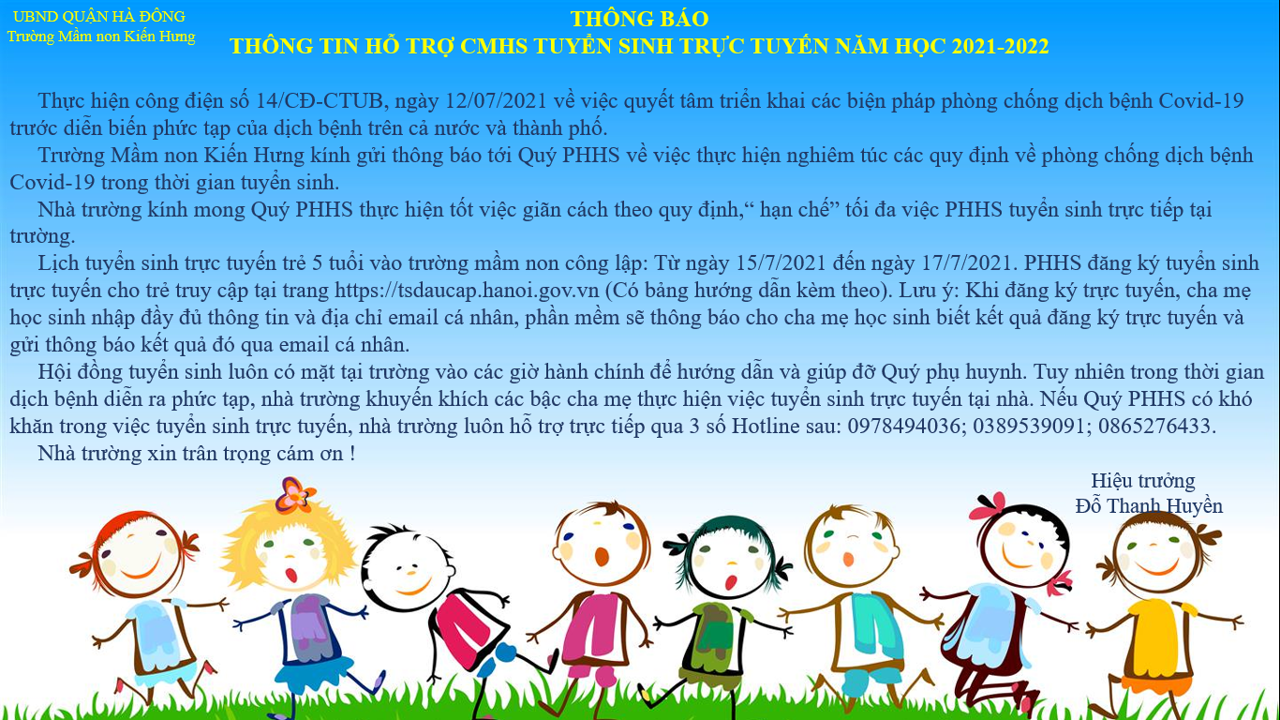 THÔNG BÁO THÔNG TIN HỖ TRỢ CMHS TUYỂN SINH TRỰC TUYẾN NĂM HỌC 2021-2022